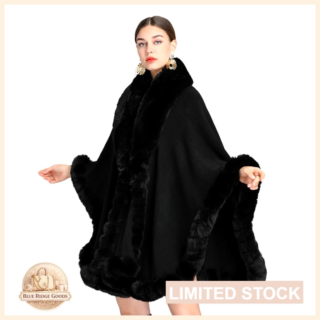 Oversized Faux Fur Collar Knitted Poncho Cape Batwing Sleeve Elegant Winter Wrap